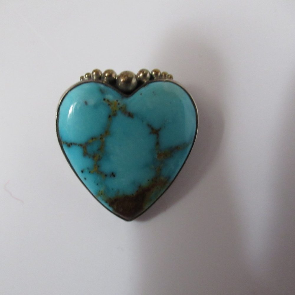 Vintage Native American Turquoise Heart Pendant Pin Sterling Silver Signed M Lee